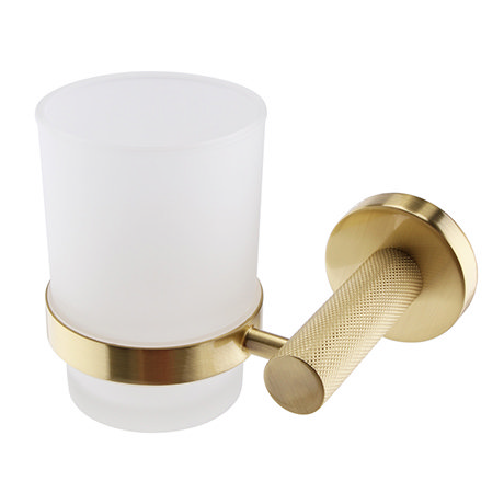 Arezzo Industrial Style Brushed Brass Round Frosted Glass Tumbler & Holder