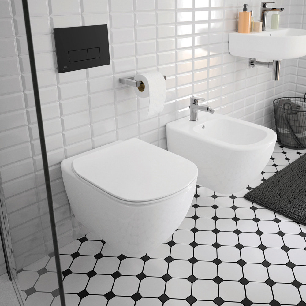 Ideal Standard Tesi AquaBlade Toilet + Concealed WC Cistern with Wall Hung Frame (Black Flush Plate)