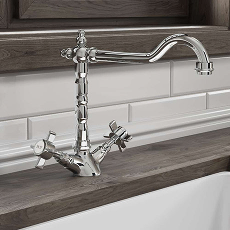 Classic Style Mono Kitchen Sink Mixer Tap with Cross Head Handles - Chrome