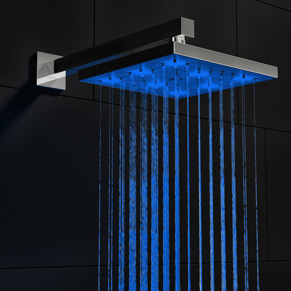 Milan 200 x 200mm Square LED Shower Head with Wall Mounted Arm Chrome Victorian Plumbing UK