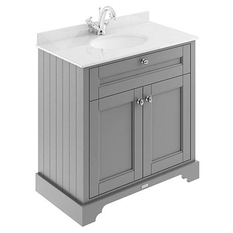 Old London 800mm Cabinet & Single Bowl White Marble Top - Storm Grey