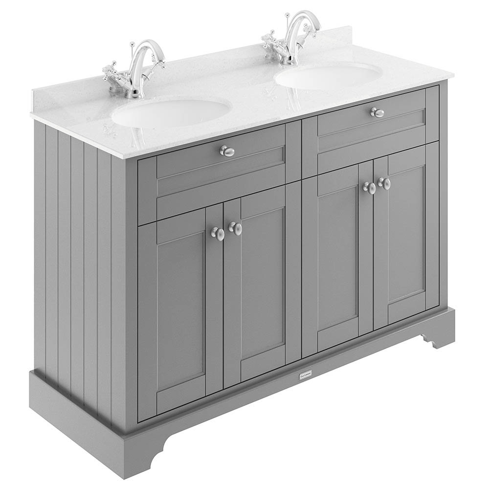 Old London 1200mm Cabinet & Double Bowl White Marble Top - Storm Grey