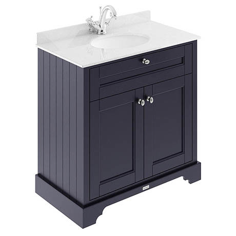 Old London 800mm Cabinet & Single Bowl White Marble Top - Twilight Blue