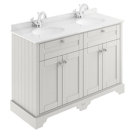 Old London 1200mm Cabinet & Double Bowl White Marble Top - Timeless Sand