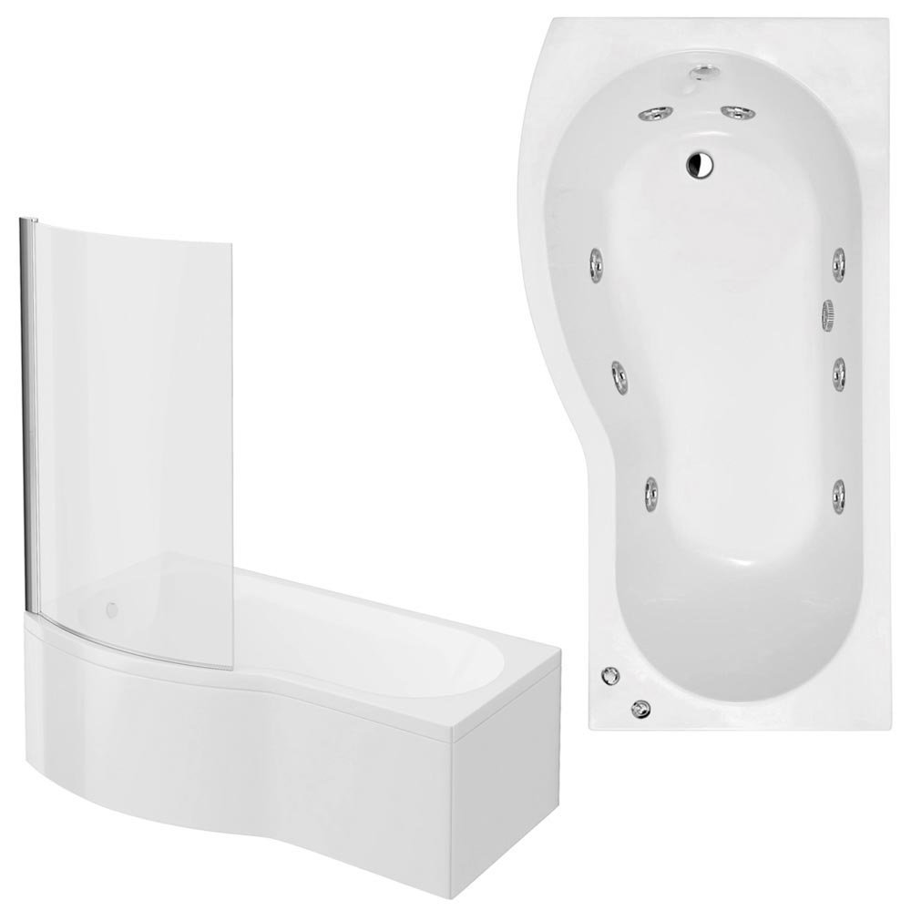 Laguna Whirlpool Spa 8 Jet B-Shaped Shower Bath with Screen + Panel - Close up image of a white whirlpool jacuzzi b-shaped bath