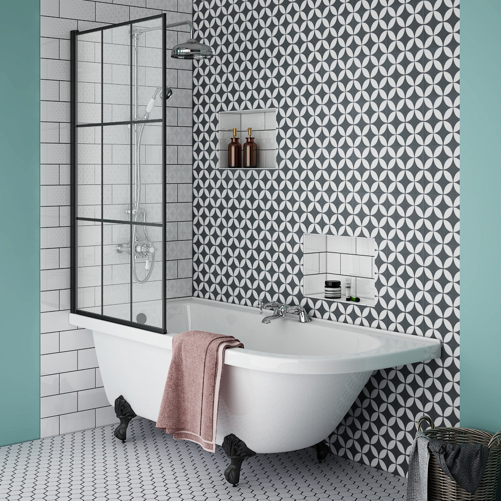 Appleby 1700 LH Roll Top Shower Bath with Matt Black Grid Screen + Leg