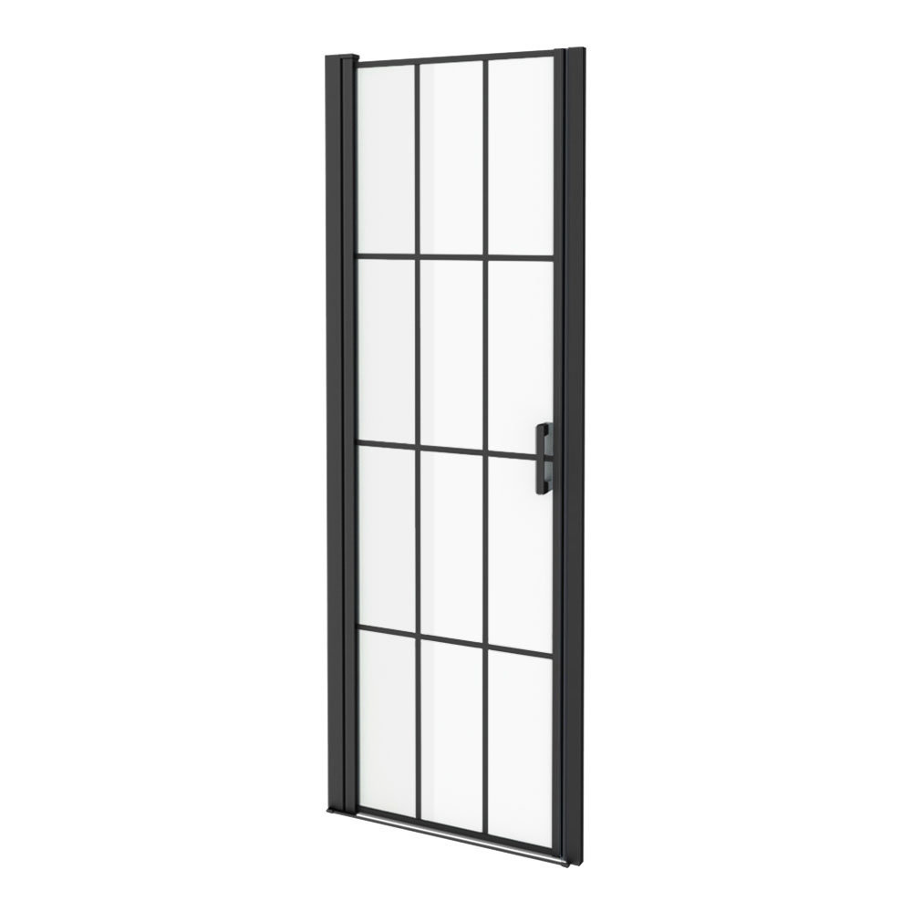 700 x 1970 Matt Black Grid Frameless Pivot Shower Door for 695725mm