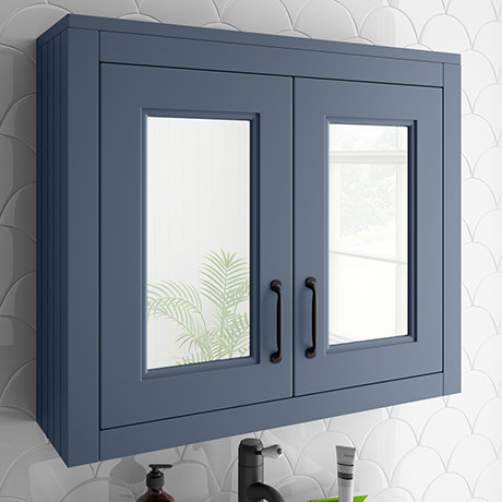 Chatsworth Blue 2-Door Mirror Cabinet - 690mm Wide with Matt Black Handles