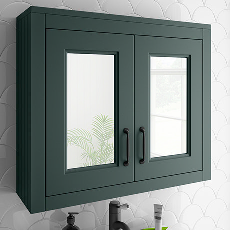Chatsworth Green 2-Door Mirror Cabinet - 690mm Wide with Matt Black Handles