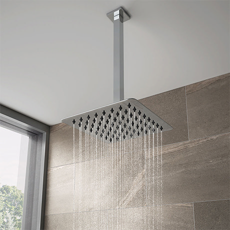 Milan Ultra Thin Square Shower Head with Vertical Arm - 200x200mm