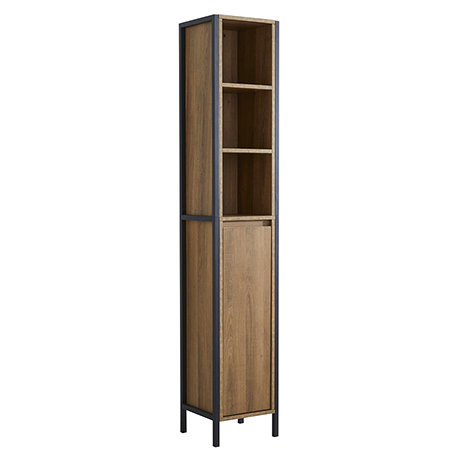 Milan Industrial Matt Black Framed Bathroom Tall Storage Unit - Wood Effect