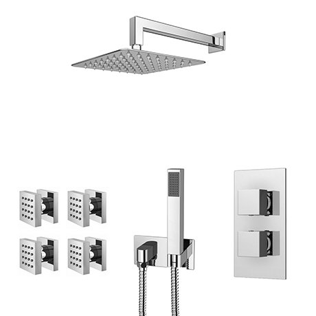Milan Square Modern Shower System with Handset, 4 Body Jets + 200 x 200mm Shower Head
