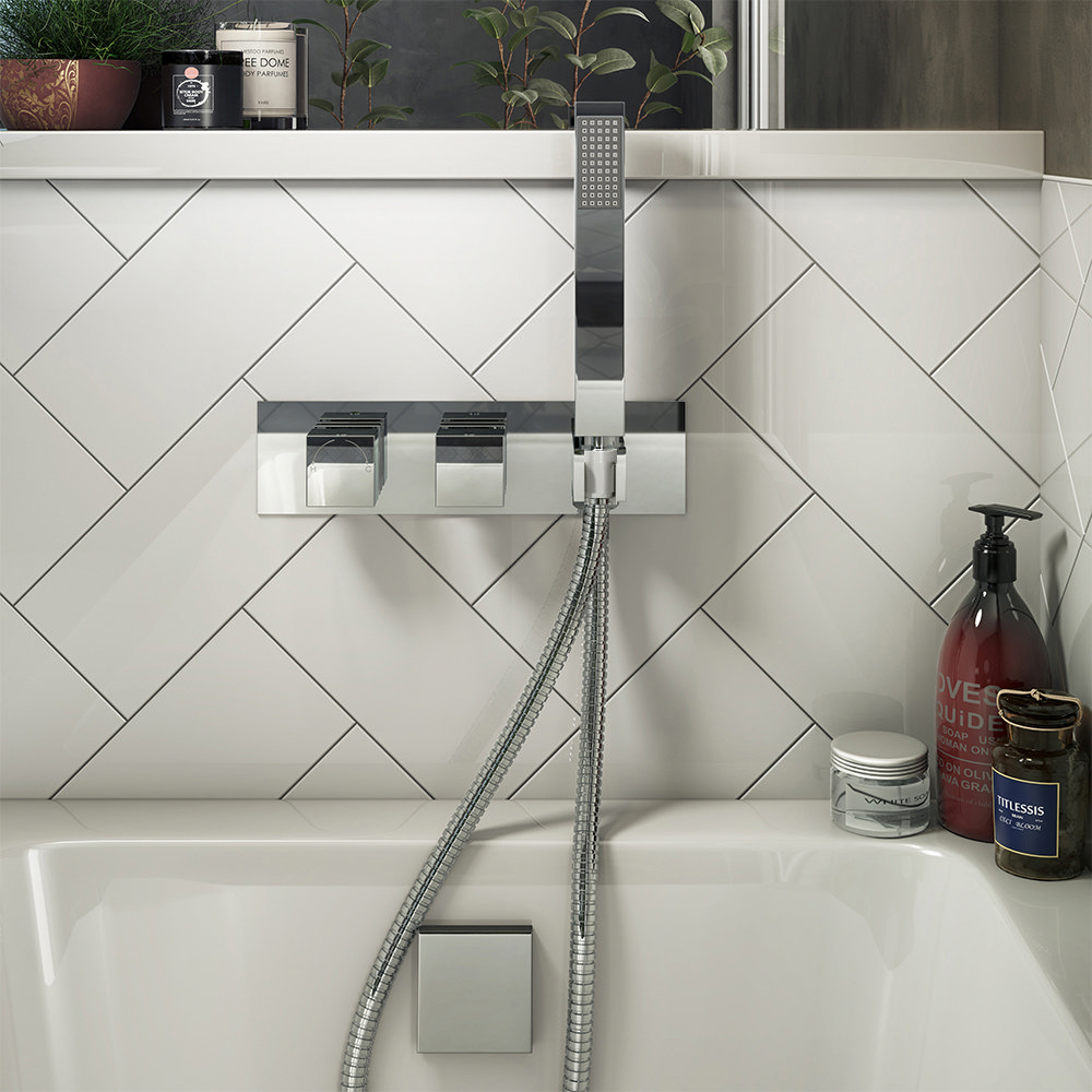 Milan Modern Square Concealed Thermostatic 2-Way Shower Valve with Handset + Freeflow Bath Filler
