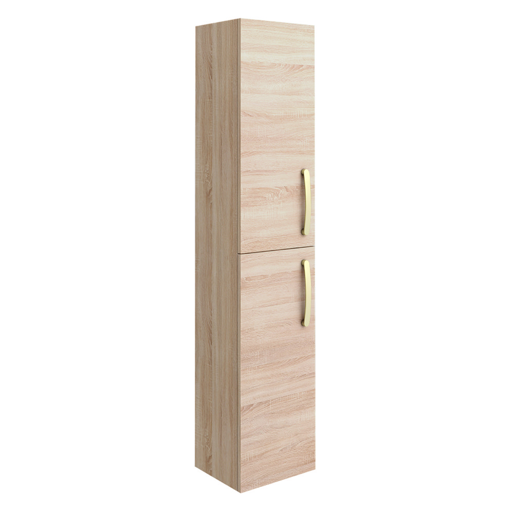 Brooklyn Natural Oak Wall Hung Tall Storage Cabinet with Brushed Brass Handles