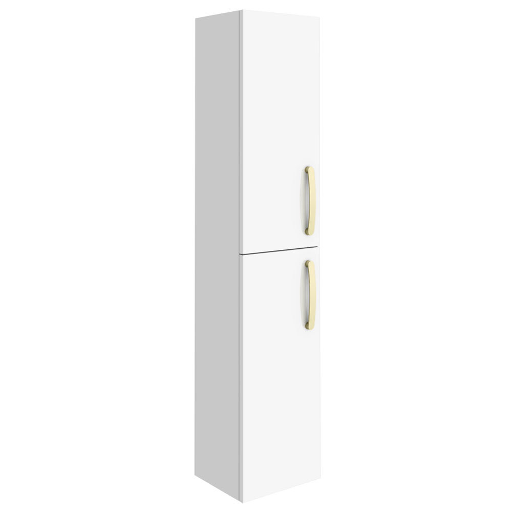 Brooklyn Gloss White Wall Hung Tall Storage Cabinet with Brushed Brass Handles