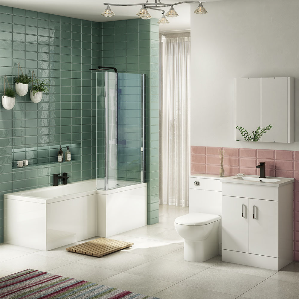 Turin High Gloss White Vanity Unit Bathroom Suite with Square Shower