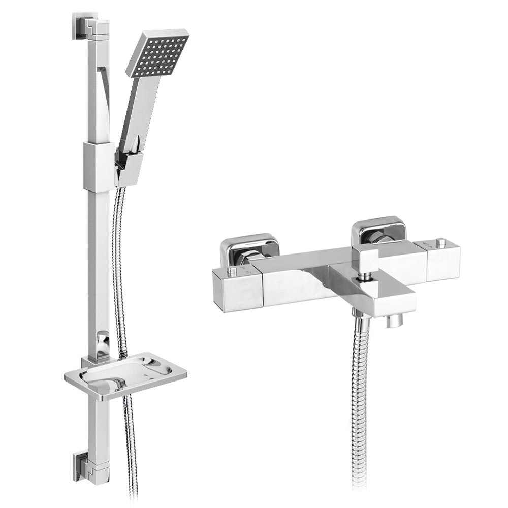Milan Square Wall Mounted Thermostatic Bath Shower Mixer Tap + Shower Rail Kit