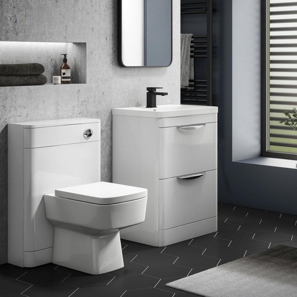 Monza Gloss White Floor Standing Sink Vanity Unit + Square Toilet