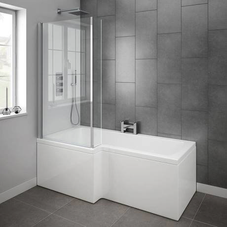 Milan L-Shaped Shower Bath 1600mm (Inc. Hinged Screen + Acrylic Panel ...