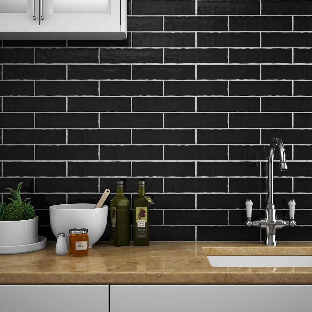 Mileto Black Gloss Ceramic Wall Tile 75 X 300mm Pack Of 25 - Black Wall Tiles Design