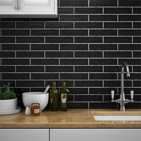 Mileto Black Gloss Ceramic Wall Tile - 75 x 300mm (Pack of 25)