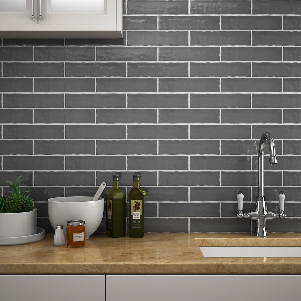 Mileto Brick Grey Gloss Ceramic Wall Tile - 75 x 300mm ...