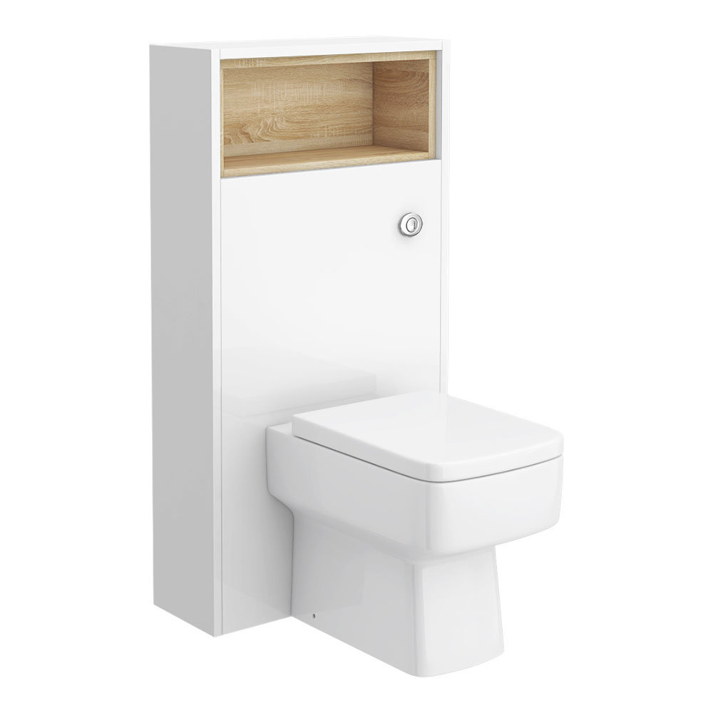 Haywood 600mm Gloss White / Natural Oak Tall WC Unit with Open Shelf