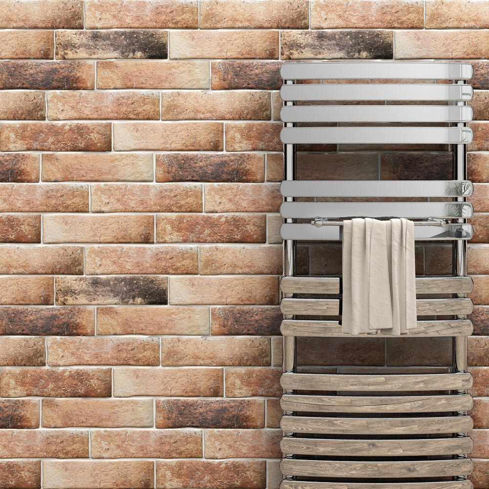Orlando Ocre Porcelain Wall Tile - 75 x 300mm - ORL-OCR - get a brick effect look in your bathroom with these wonderful wall tiles. Chrome bathroom items such as this towel rail looks great against the brick effect wall tiles
