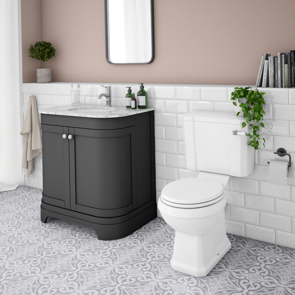 Period Bathroom Co 820mm Curved Vanity Unit With White Marble Basin Top Dark Grey Victorian 