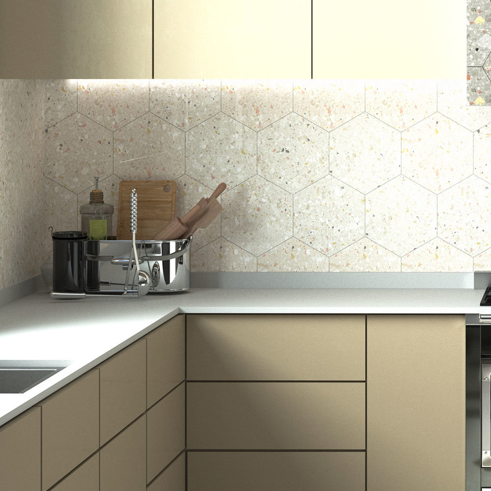 Pella White Terrazzo Effect Hexagon Wall &amp; Floor Tiles - 258 x 290mm