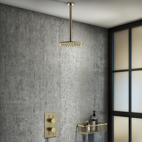 Arezzo Brushed Brass Round Shower Package with Concealed Valve + Ceiling Mounted Head