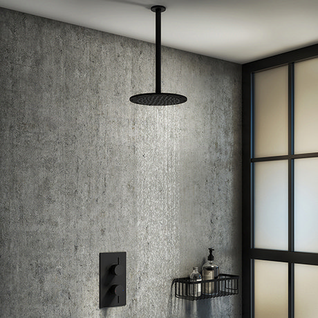 Arezzo Matt Black Round Shower Package with Concealed Valve + Ceiling Mounted Head