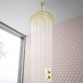 Arezzo Brushed Brass Twin Concealed Shower Valve inc. 300mm Head + 200mm Ceiling Mounted Arm