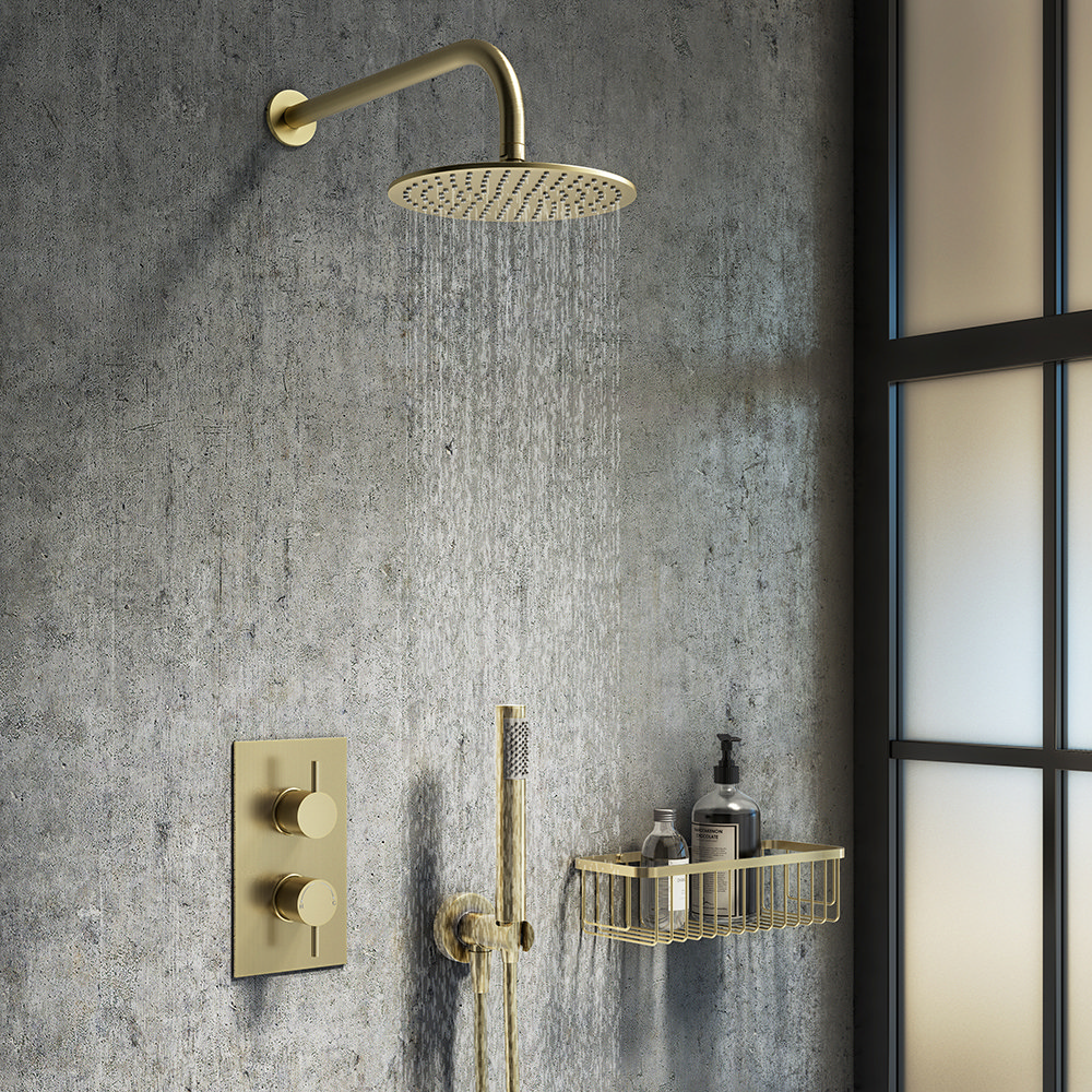 Arezzo Brushed Brass Round Thermostatic Shower Pack with Head + Handset ...