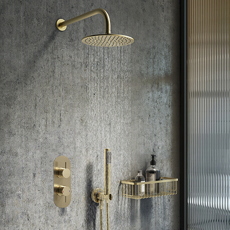 Arezzo Brushed Brass Round Thermostatic Shower Pack with Head + Handset (Oval Faceplate)
