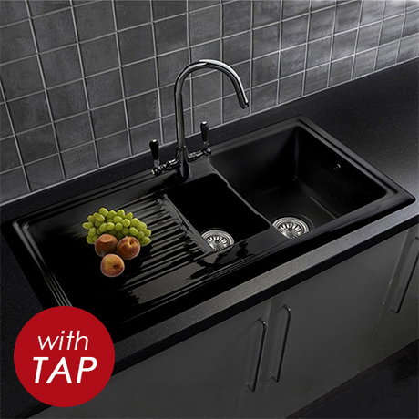 Reginox Traditional Black Ceramic 1.5 Kitchen Sink + Brooklyn Mixer Tap