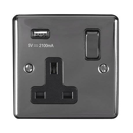 Revive 1 Gang Switched Socket with USB - Black Nickel