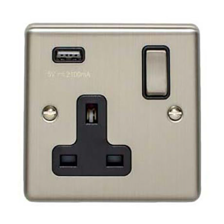 Revive 1 Gang Switched Socket with USB - Satin Steel