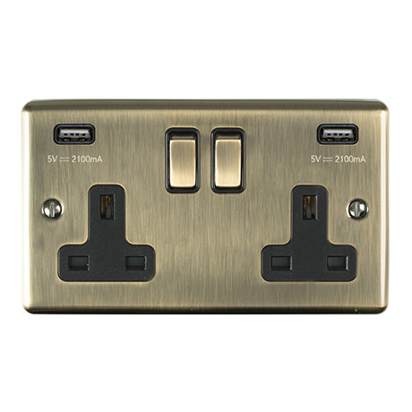 Revive Twin Plug Socket with USB Antique Brass/Black