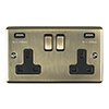 Revive Twin Plug Socket with USB Antique Brass/Black profile small image view 1 