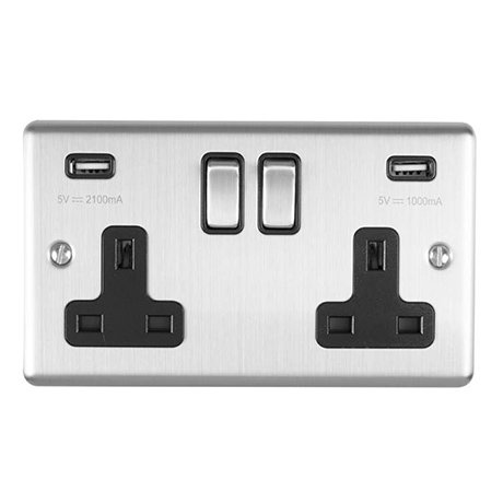 Revive Twin Plug Socket with USB Satin Steel/Black