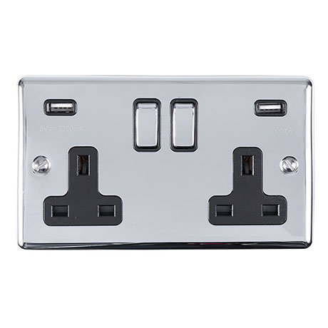 Revive Twin Plug Socket with USB Polished Chrome/BlacK