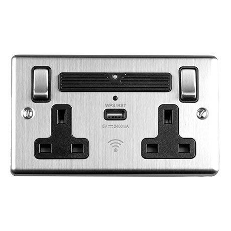 Revive Twin Plug Socket with USB & WiFi Extender Satin Steel/Black