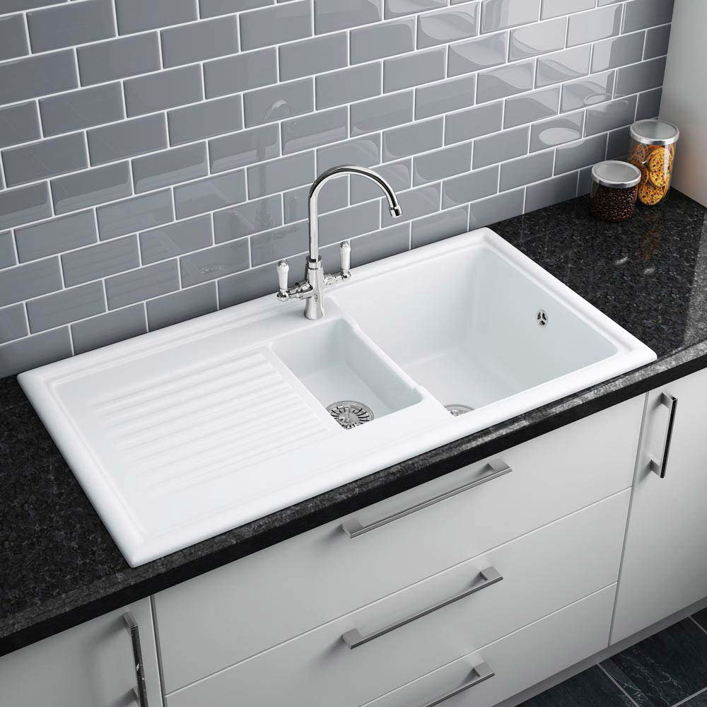 Reginox White Ceramic 1 5 Bowl Kitchen Sink At Victorian Plumbing UK   Reginox White Ceramic 1.5 Bowl Kitchen Sink RL301CW New L 