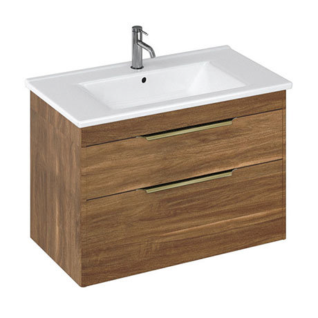 Britton Shoreditch 850mm Wall-Hung Double Drawer Vanity Unit with Brass Handles - Caramel