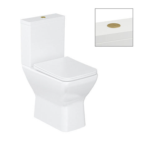 Britton Shoreditch Square Close Coupled Rimless Toilet with Brushed Brass Flush Button + Soft Close 