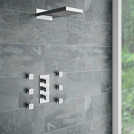 Modern Square Triple Valve with Diverter, Fixed Water Blade Shower Head + 6 Body Jets