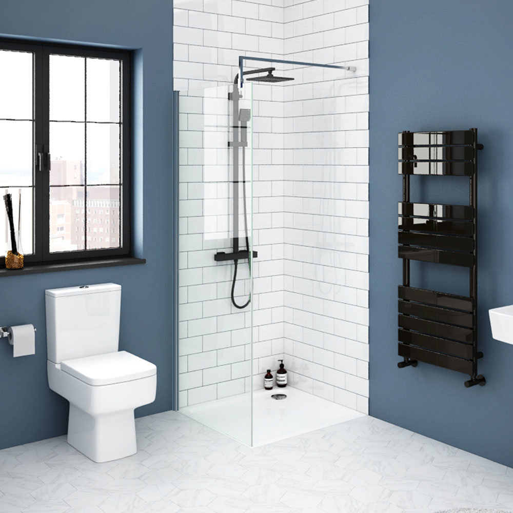 Blue and White Bathroom with Walk-in Shower
