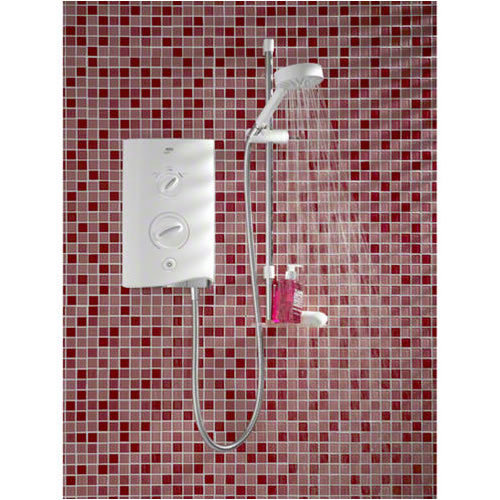 Mira - Sport 9.8kw Electric Shower - White & Chrome - 1.1746.003 - Close up image against a beautiful red mosaic tiled bathroom wall