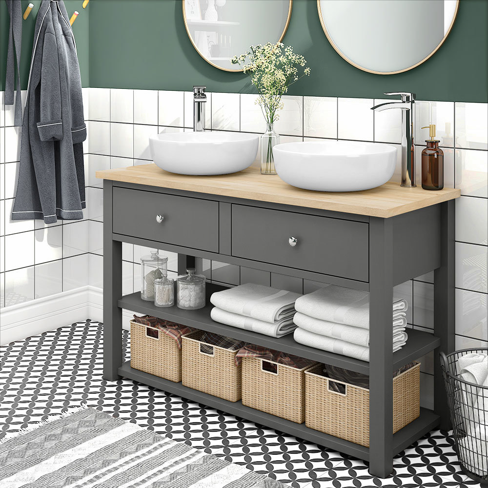 Trafalgar 1240mm Grey Countertop Vanity Unit and Double Round Basins